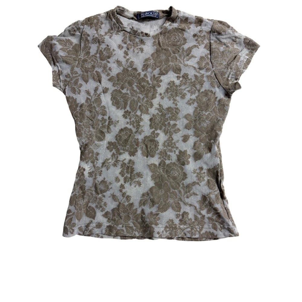 Harolds Vintage Floral Mesh Lace Top Brown Tan Short Sleeve Crew Neck Small USA